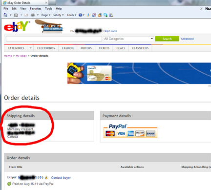 Buyer’s address on eBay Order Details page